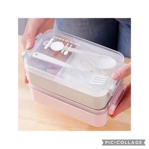 White lunchbox with 1 fork and 1 spoon. Removable divider